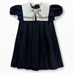 Vintage Girls Blue White School Sailor pleated Dress w/ Puff Sleeves